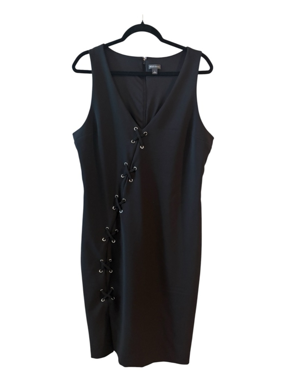 Bold Elements Black Lace-Up Dress Size Large | Sleek Career Chic Bodycon - Picture 2 of 13